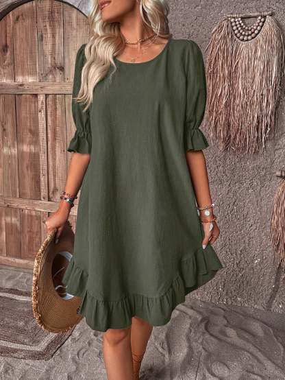 Solid Puff Sleeve Ruffle Hem Smock Dress (Buy 2 Free Shipping)-Pink Laura