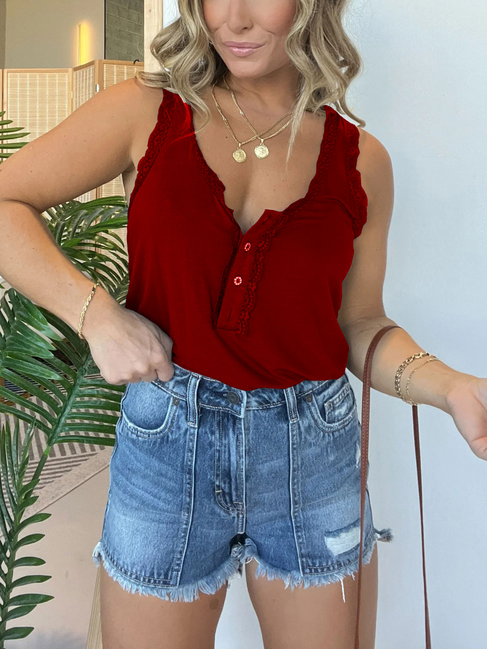 Henley Lace Trimmed  Button Tank Top (Buy 2 Free Shipping)