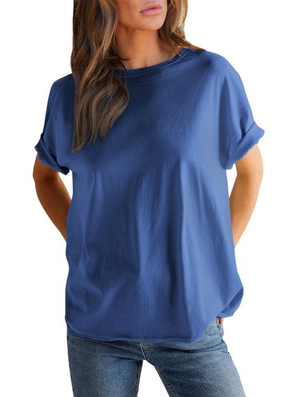Round neck solid color short sleeve back spliced T-shirt cotton tee