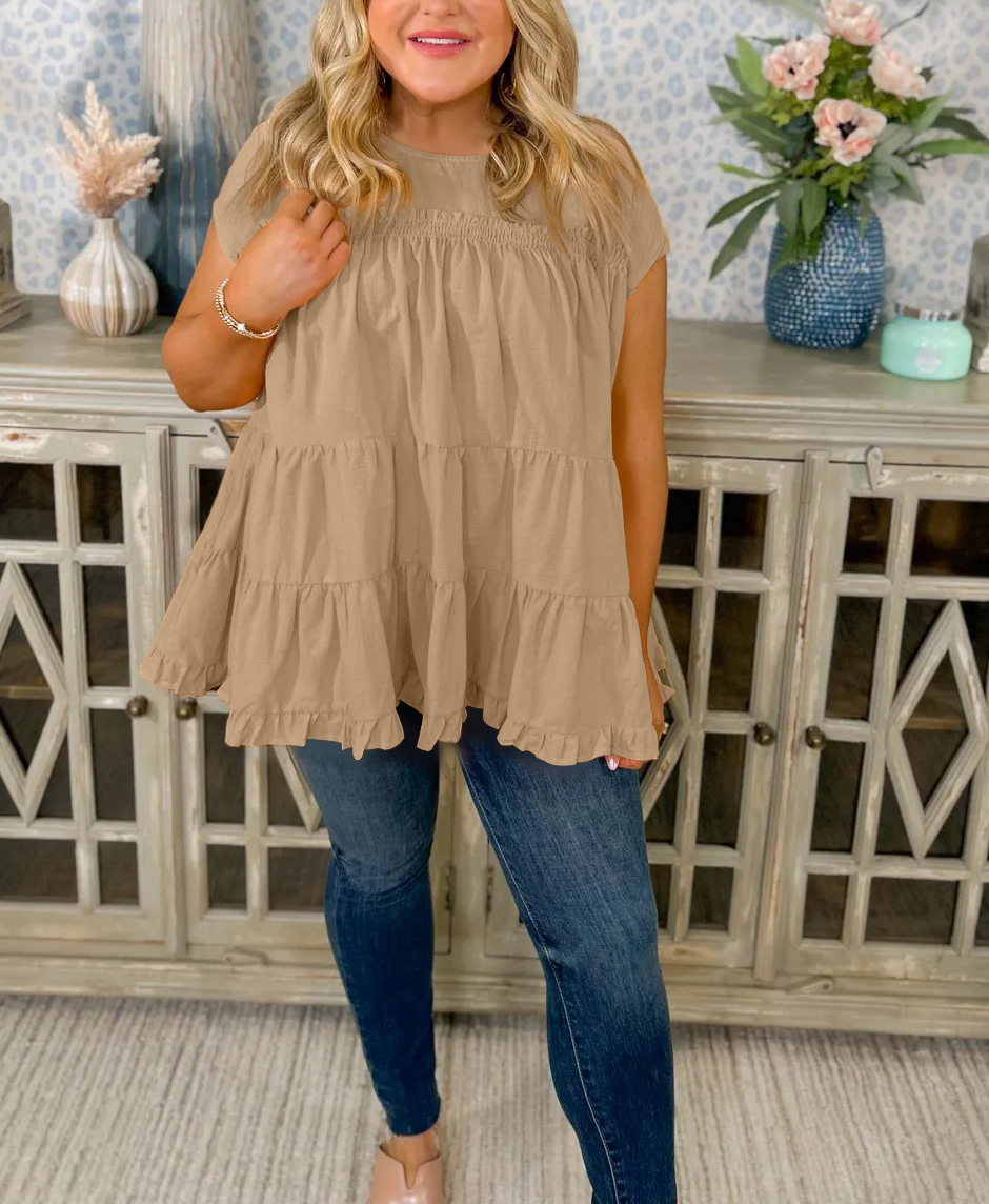 Crew Neck Layered Pleated Babydoll Top（Buy 2 Free Shipping）