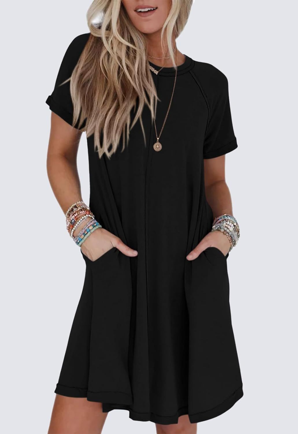 Women’s Short Sleeve Crew Neck Swing Dress With Pockets (Buy 2 Free Shipping)