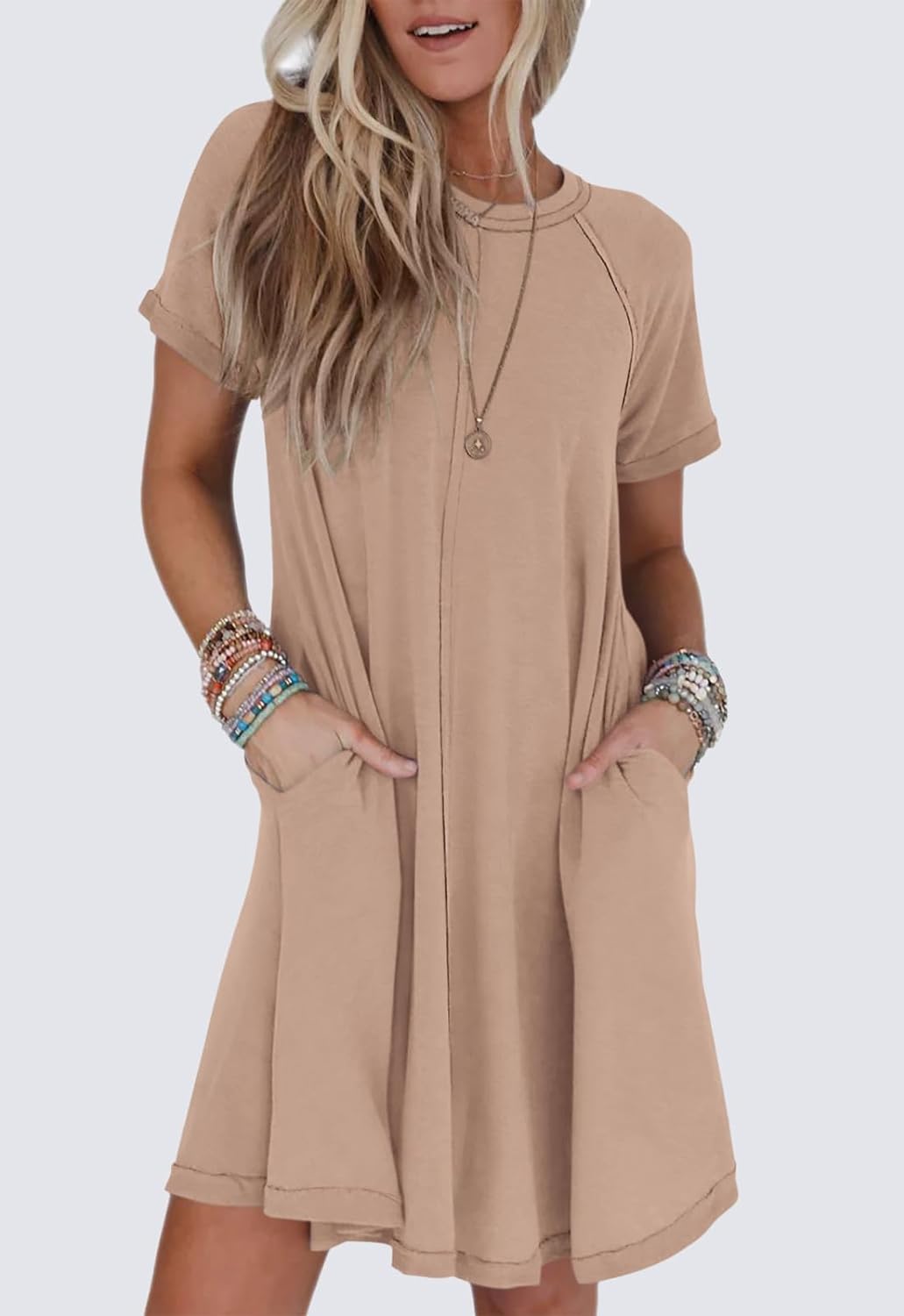 Women’s Short Sleeve Crew Neck Swing Dress With Pockets (Buy 2 Free Shipping)