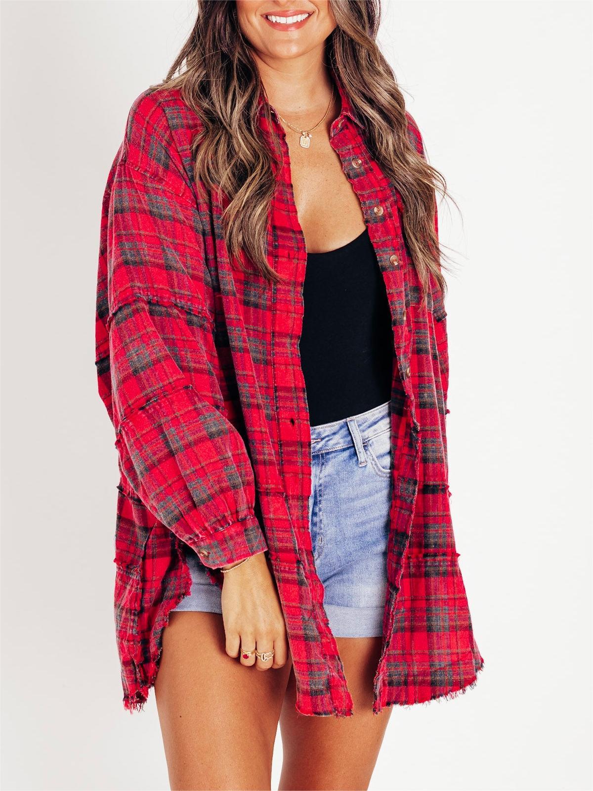 Women's Mineral Washed Plaid Button Down Shirt With Pockets (Buy 2 Free Shipping)