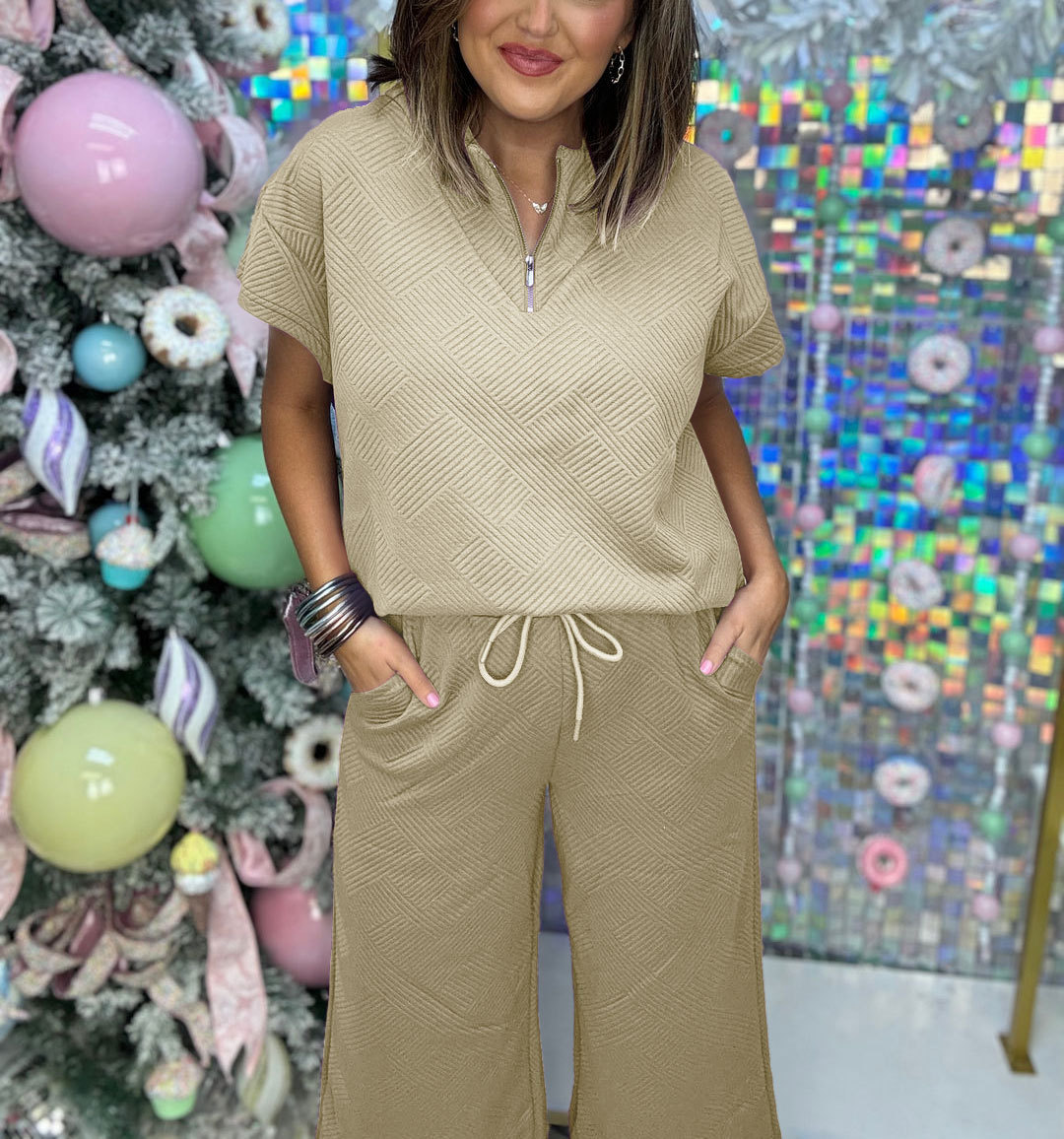Women's Textured Loose Zip Top and Drawstring Pants Casual Set (Buy 2 Free Shipping)