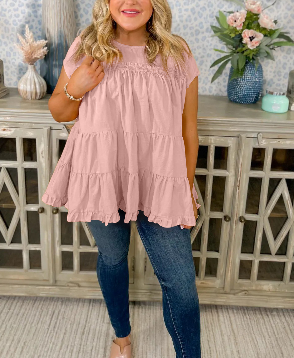 Crew Neck Layered Pleated Babydoll Top（Buy 2 Free Shipping）