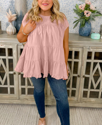 Crew Neck Layered Pleated Babydoll Top（Buy 2 Free Shipping）
