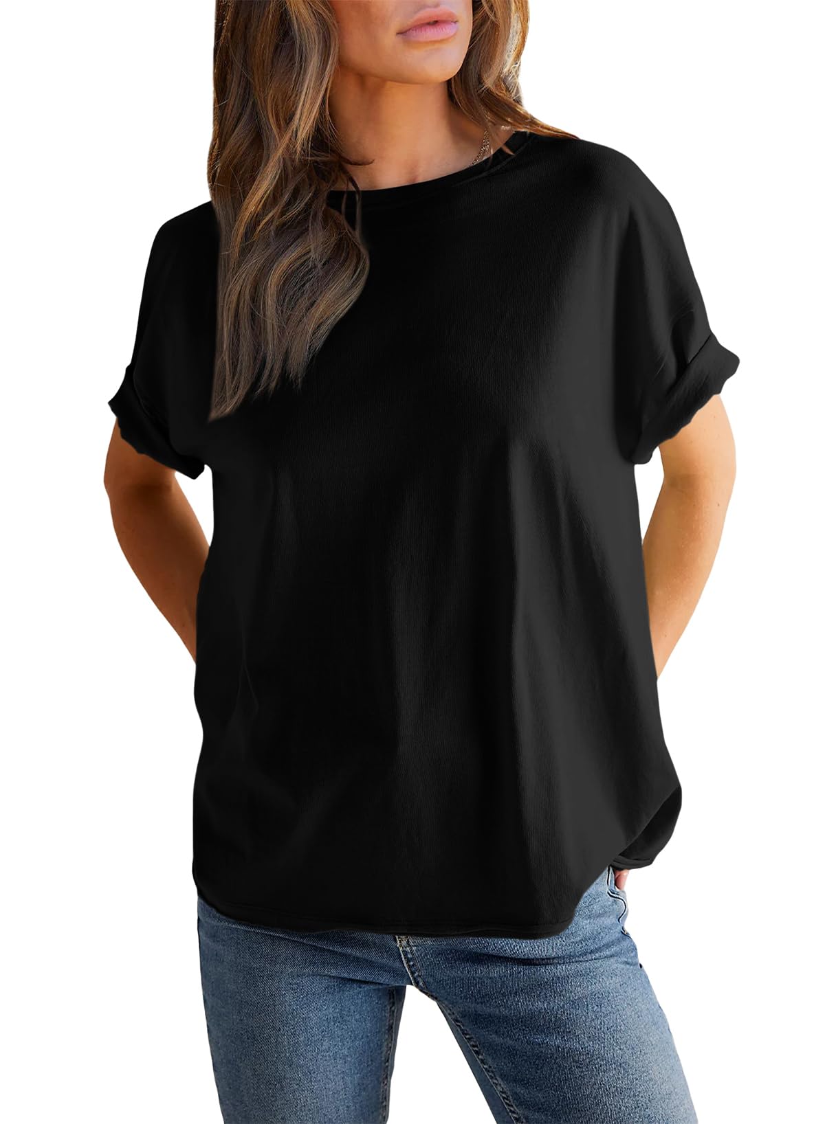 Round neck solid color short sleeve back spliced T-shirt cotton tee