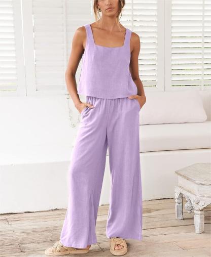 Women's Square Neck Linen Vest Wide Leg Pants Suit(Buy 2 Free Shipping)