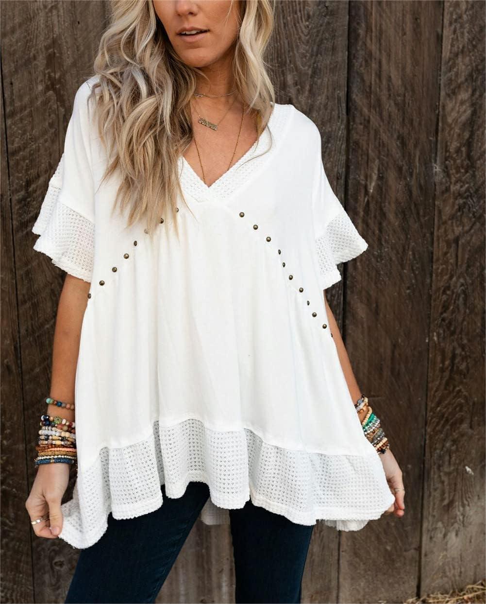 Women's V-Neck Rivet Short-Sleeved Top(Buy 2 Free Shipping)