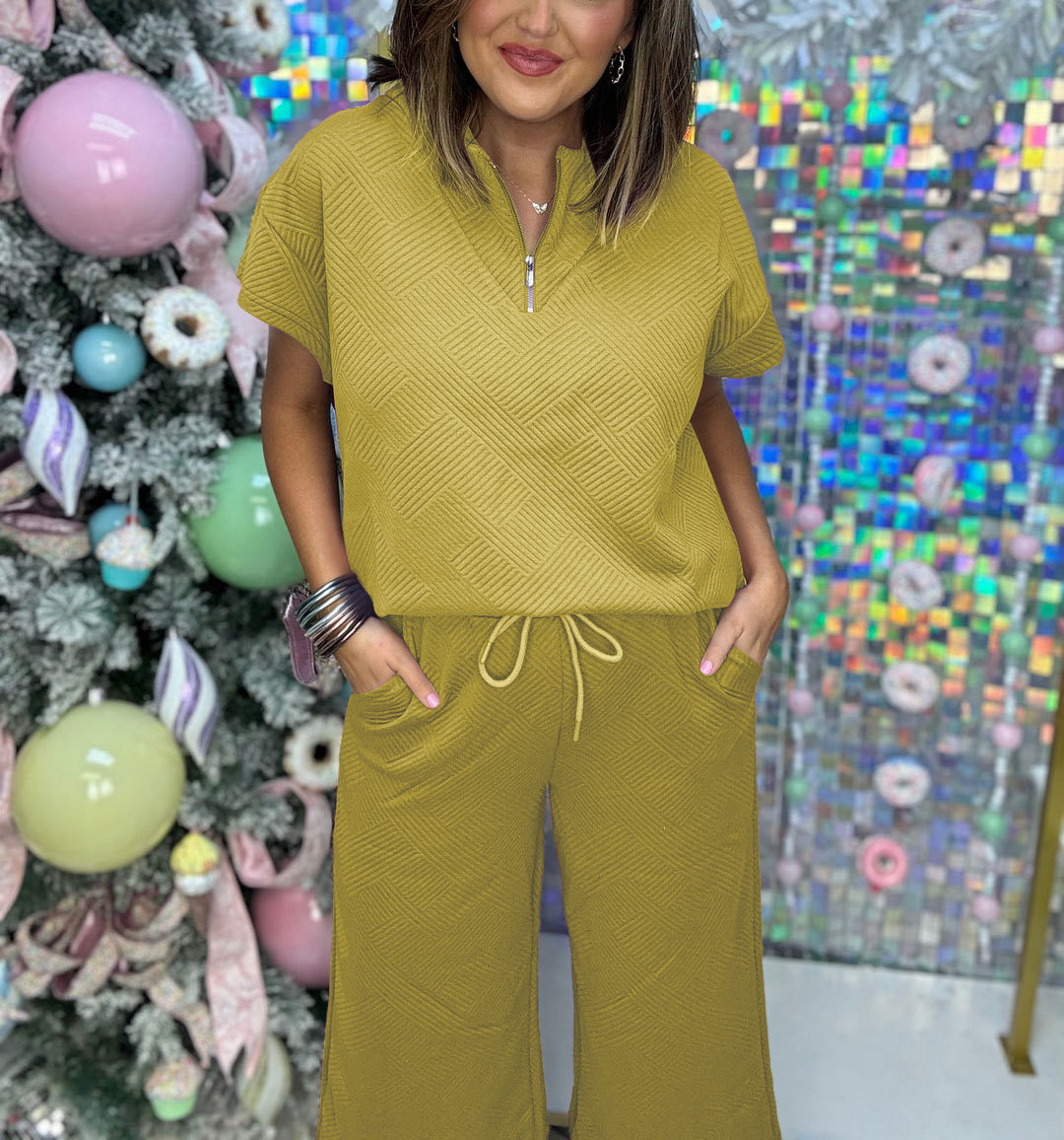 Women's Textured Loose Zip Top and Drawstring Pants Casual Set (Buy 2 Free Shipping)