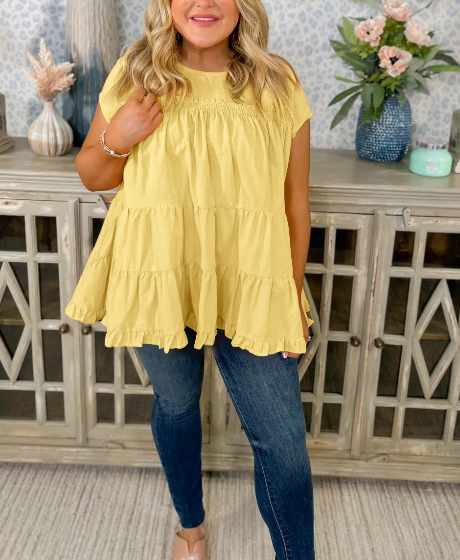 Crew Neck Layered Pleated Babydoll Top（Buy 2 Free Shipping）