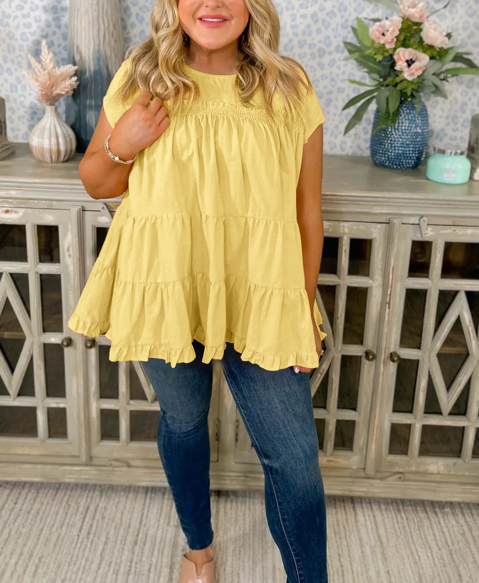 Crew Neck Layered Pleated Babydoll Top（Buy 2 Free Shipping）