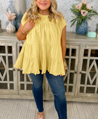 Crew Neck Layered Pleated Babydoll Top（Buy 2 Free Shipping）