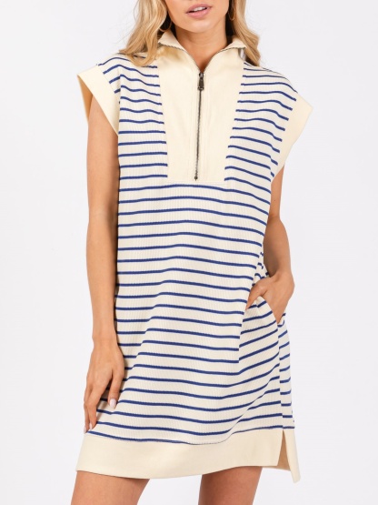 Striped Knit Cap Sleeve Half-Zip Mini Dress (Buy 2 Free Shipping)