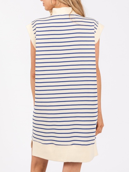 Striped Knit Cap Sleeve Half-Zip Mini Dress (Buy 2 Free Shipping)