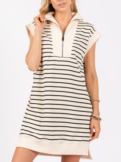 Striped Knit Cap Sleeve Half-Zip Mini Dress (Buy 2 Free Shipping)