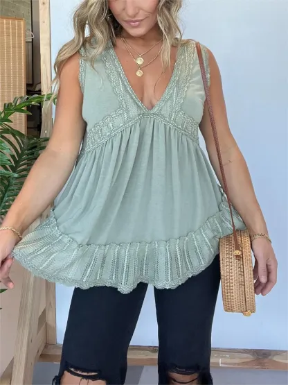 2024 New V-neckline Sleeveless Flow Top with Lace Trim (Buy 2 Free Shipping)