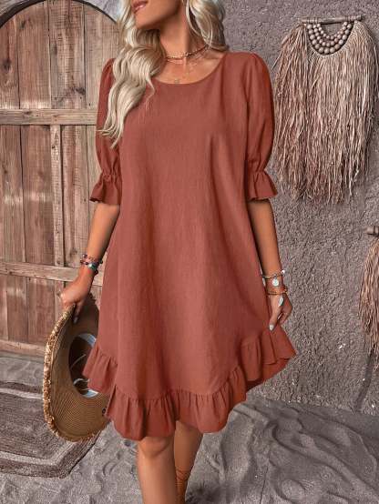 Solid Puff Sleeve Ruffle Hem Smock Dress (Buy 2 Free Shipping)-Pink Laura