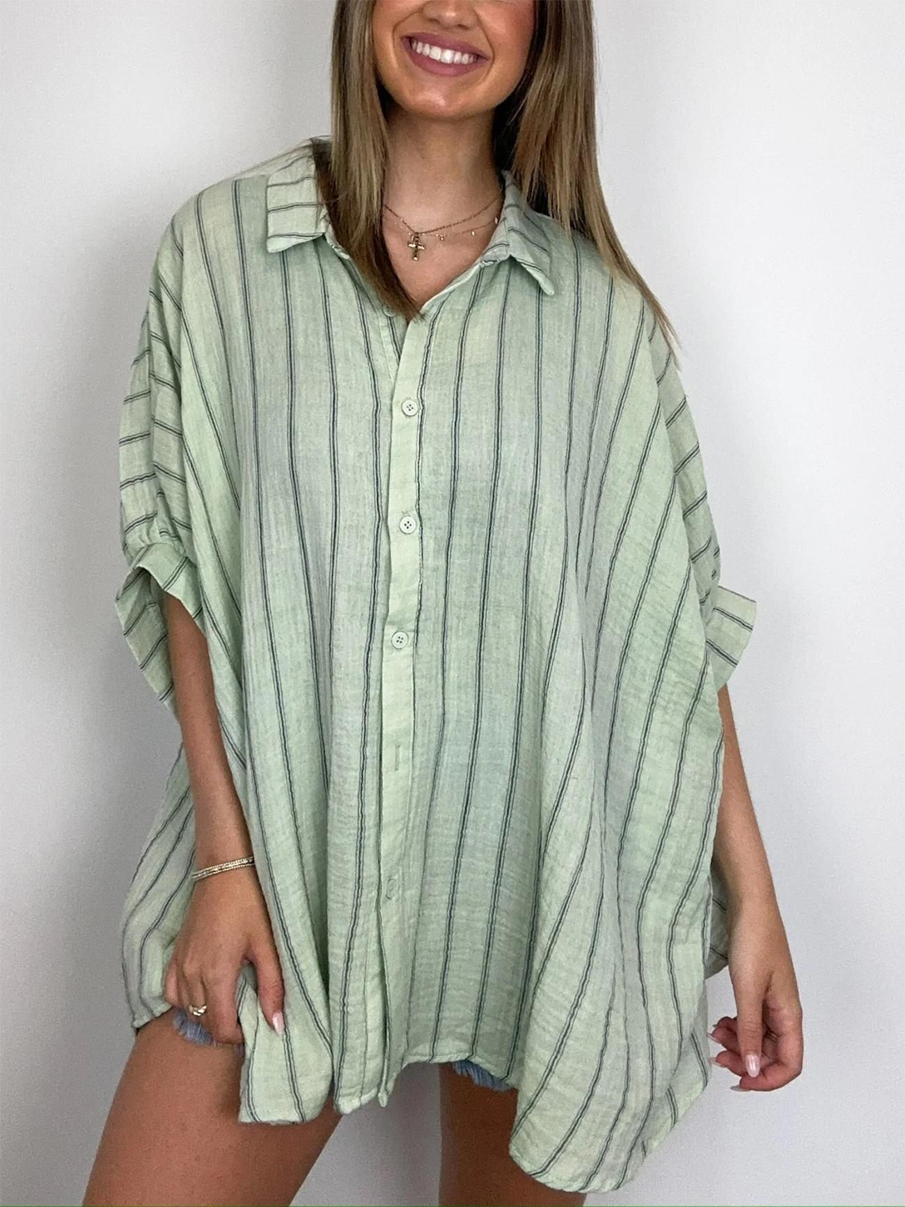 2024 Popular Oversized Striped Button Down Top Shirt jacket(50% OFF🔥)