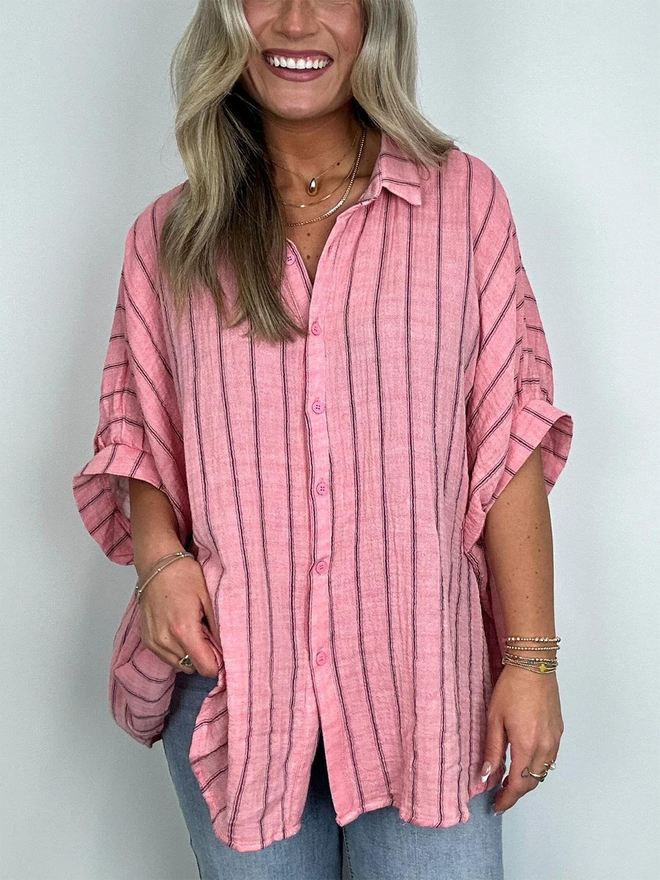 Women's Oversized Striped Button-Down Shirt (Buy 3 Free Shipping)