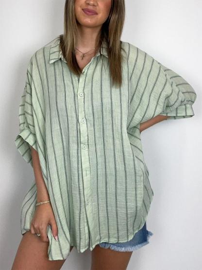 2024 Popular Oversized Striped Button Down Top Shirt jacket(50% OFF🔥)