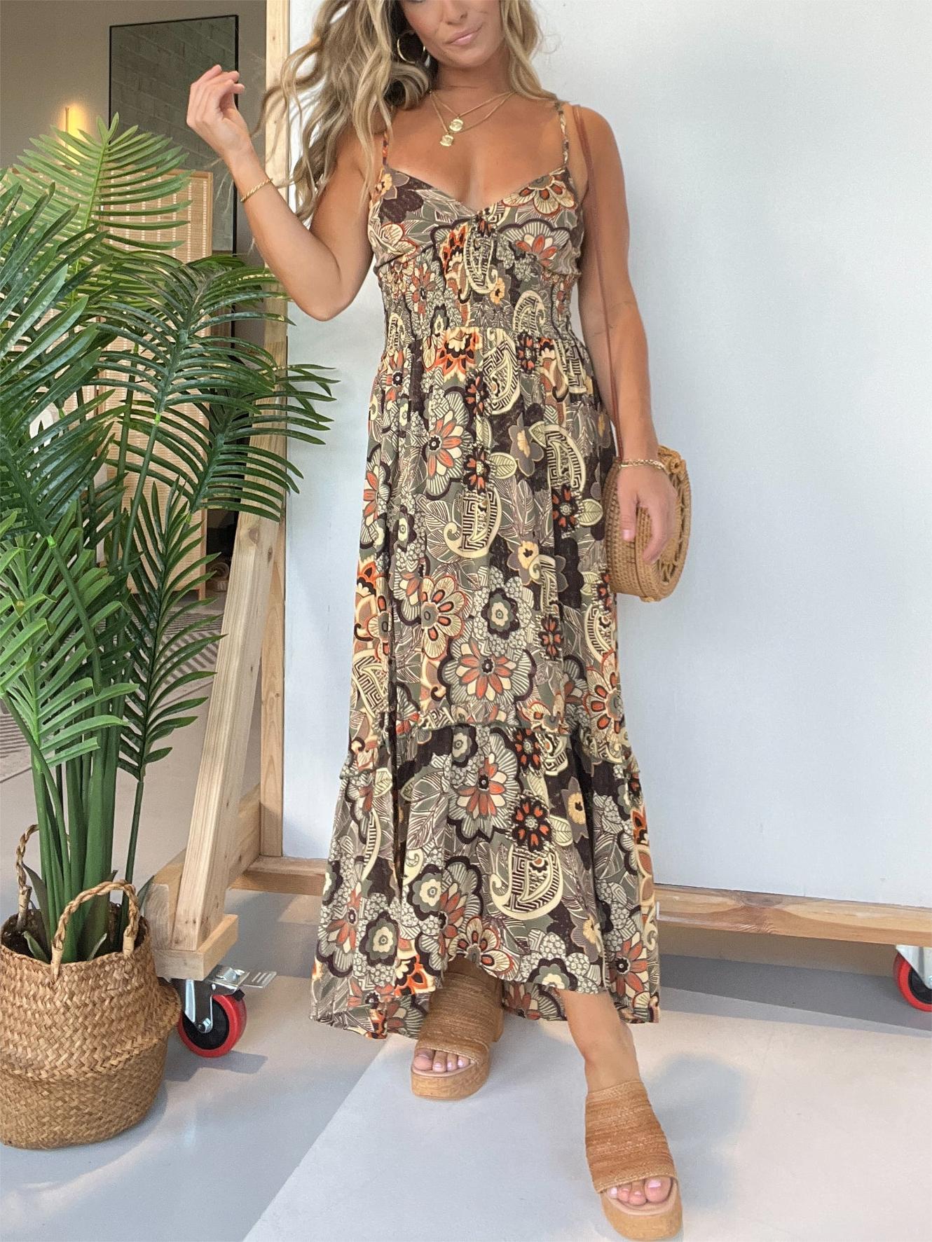 Spaghetti Strap Sweetheart Neckline Floral Hi Lo Hem Maxi Dres