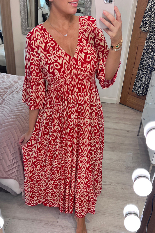 Bohemian Casual Print V-neck Long Dress (Buy 2 Free Shipping)-Pink Laura