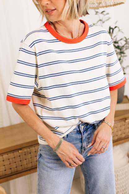 2024 NEW Color-Block Short Sleeve Striped Shirt
