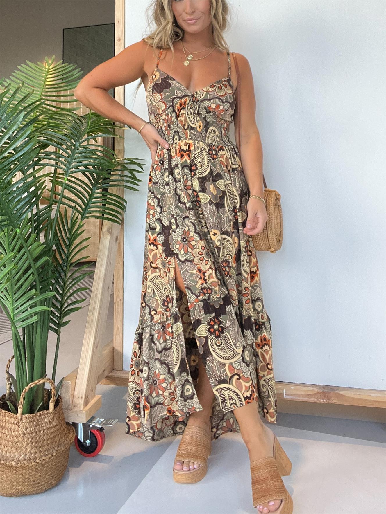 Spaghetti Strap Sweetheart Neckline Floral Hi Lo Hem Maxi Dres