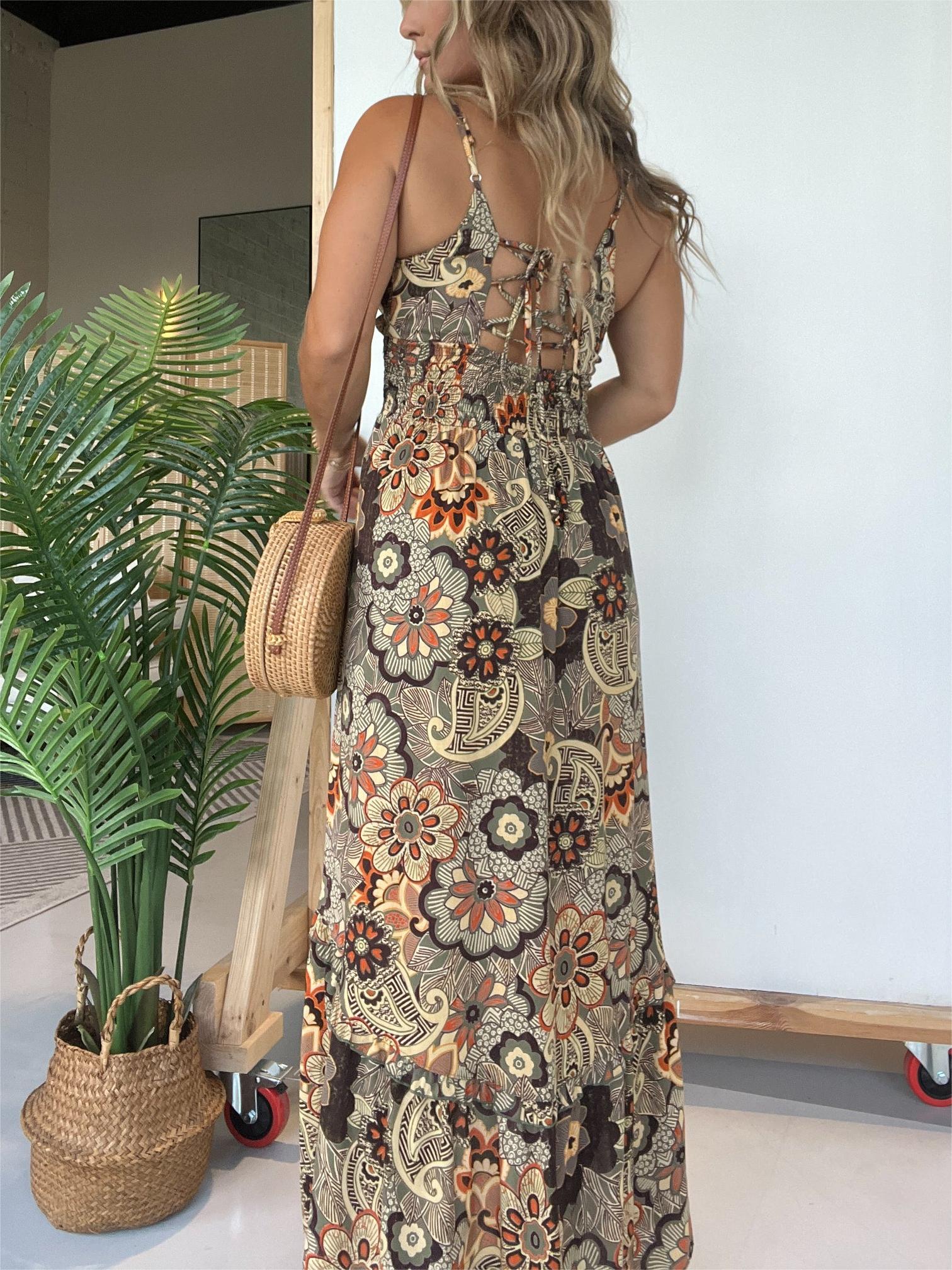 Spaghetti Strap Sweetheart Neckline Floral Hi Lo Hem Maxi Dres