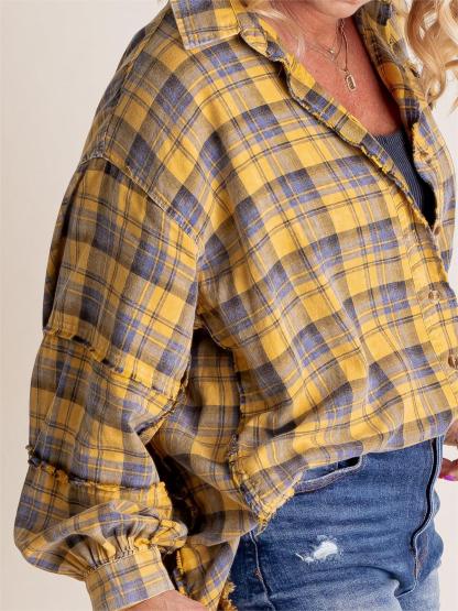 Women's Mineral Washed Plaid Button Down Shirt With Pockets (Buy 2 Free Shipping)
