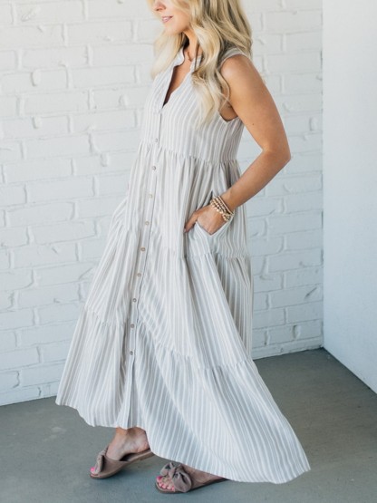 HOT SALE V Neck Striped Button Front Tiered Dress (Buy 2 Free Shipping)