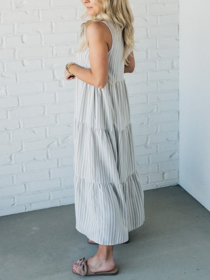 HOT SALE V Neck Striped Button Front Tiered Dress (Buy 2 Free Shipping)