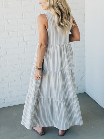 HOT SALE V Neck Striped Button Front Tiered Dress (Buy 2 Free Shipping)