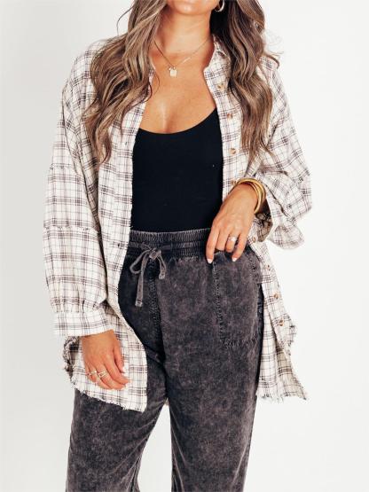 Women's Mineral Washed Plaid Button Down Shirt With Pockets (Buy 2 Free Shipping)
