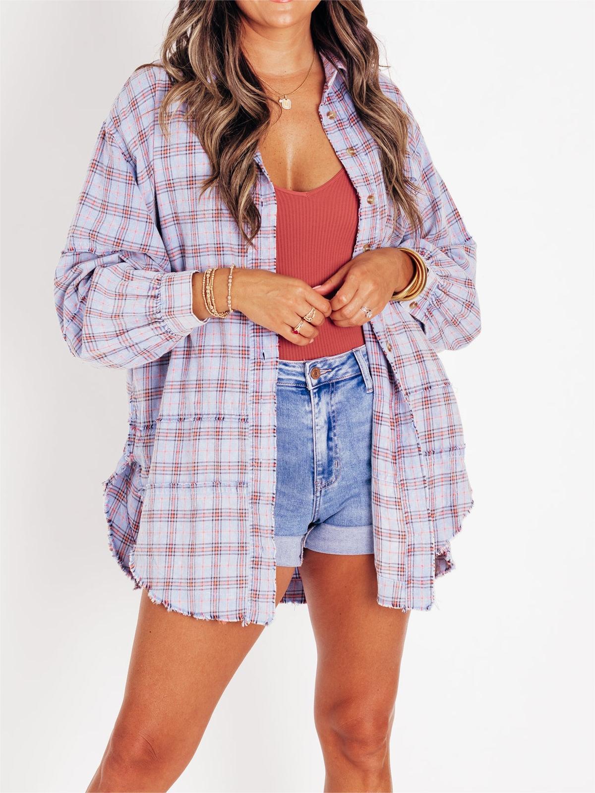 Women's Mineral Washed Plaid Button Down Shirt With Pockets (Buy 2 Free Shipping)