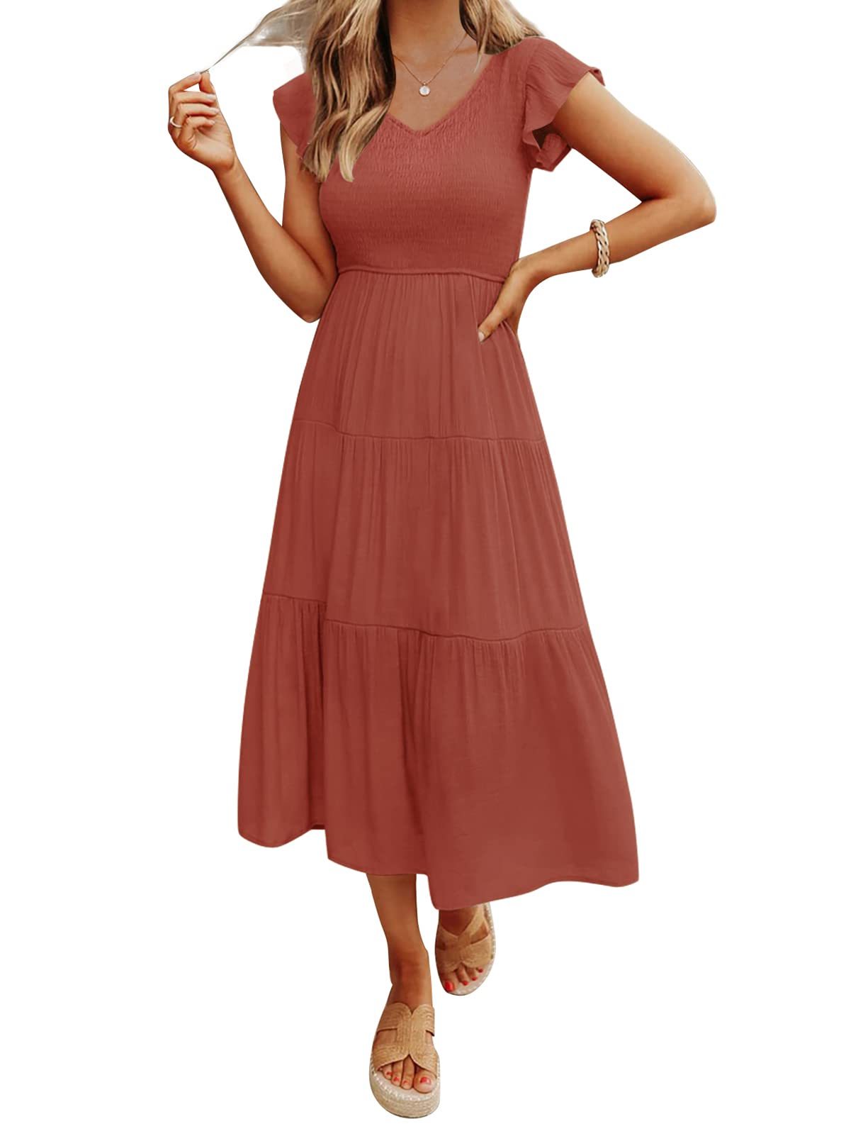 Women's Summer Casual Flutter Short Midi Dress -Pink Laura