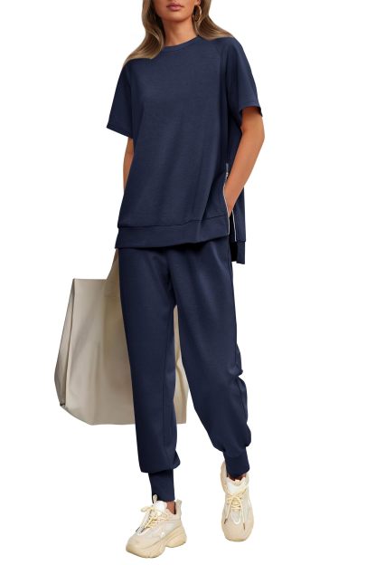 Womens 2 Piece Outfit Casual Short Sleeve Tops High Waisted Sweatpants Set