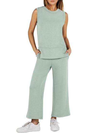 Women's Sleeveless Slit Hem Wide Leg Suit Casual Two Piece Set