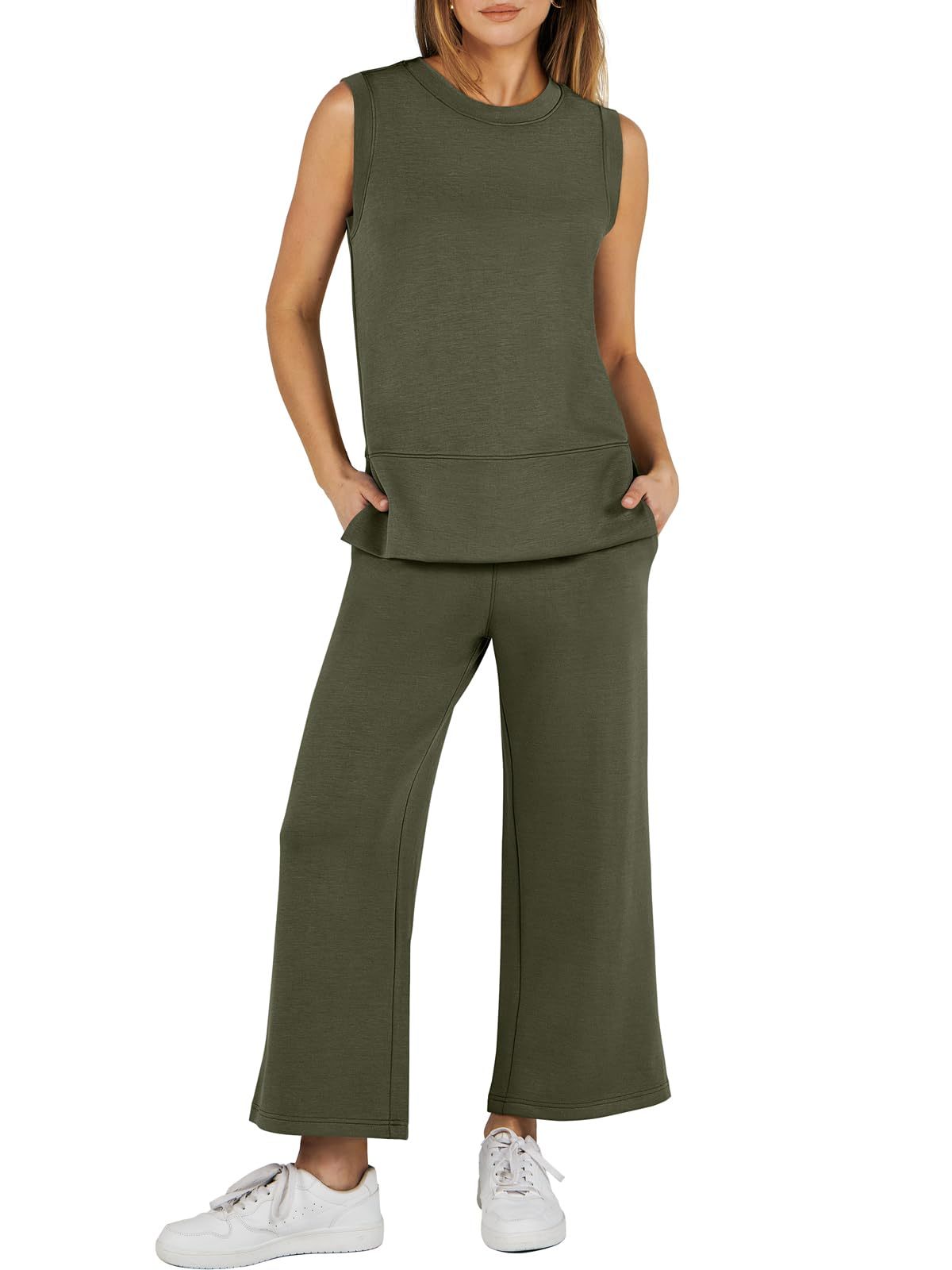 Women's Sleeveless Slit Hem Wide Leg Suit Casual Two Piece Set