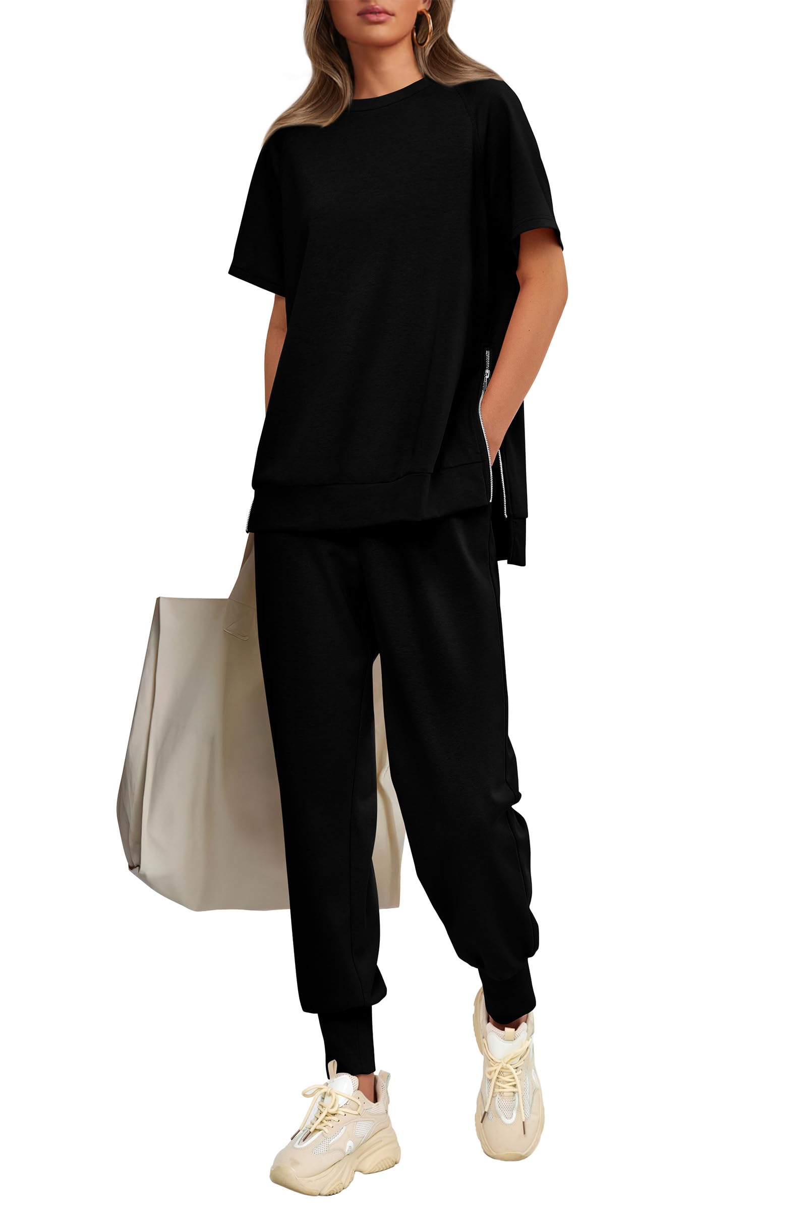 Womens 2 Piece Outfit Casual Short Sleeve Tops High Waisted Sweatpants Set