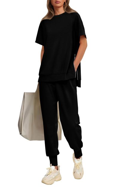Womens 2 Piece Outfit Casual Short Sleeve Tops High Waisted Sweatpants Set