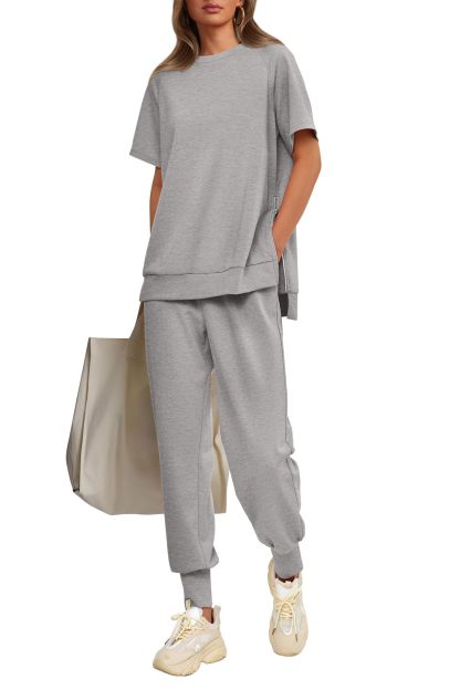 Womens 2 Piece Outfit Casual Short Sleeve Tops High Waisted Sweatpants Set
