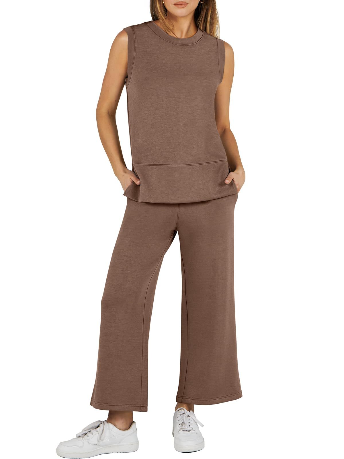 Women's Sleeveless Slit Hem Wide Leg Suit Casual Two Piece Set
