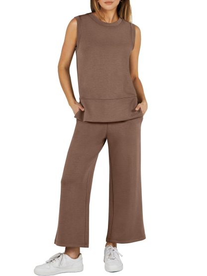 Women's Sleeveless Slit Hem Wide Leg Suit Casual Two Piece Set