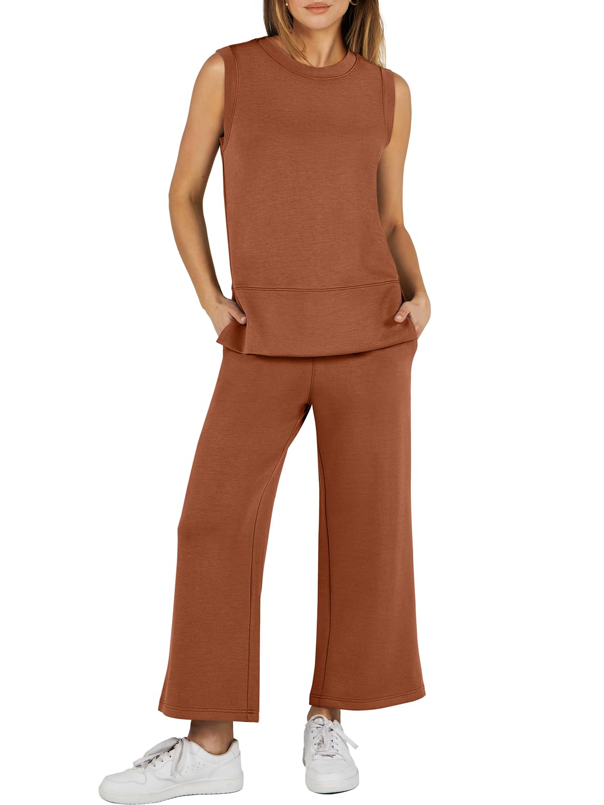 Women's Sleeveless Slit Hem Wide Leg Suit Casual Two Piece Set