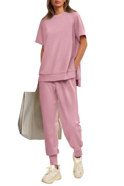 Womens 2 Piece Outfit Casual Short Sleeve Tops High Waisted Sweatpants Set