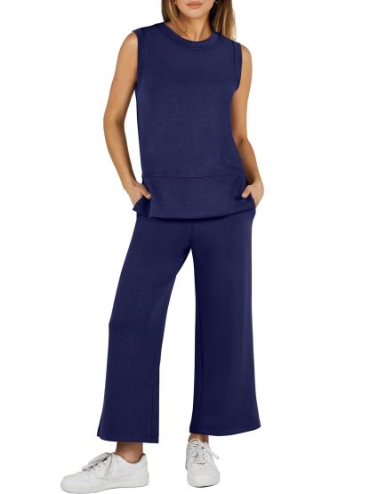 Women's Sleeveless Slit Hem Wide Leg Suit Casual Two Piece Set