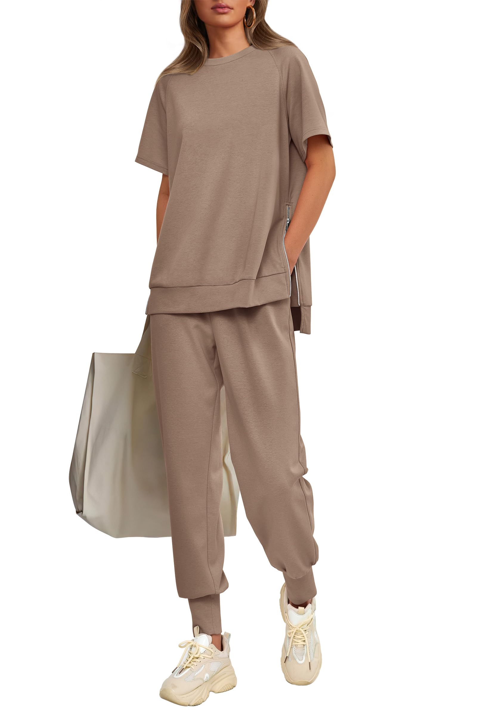 Womens 2 Piece Outfit Casual Short Sleeve Tops High Waisted Sweatpants Set