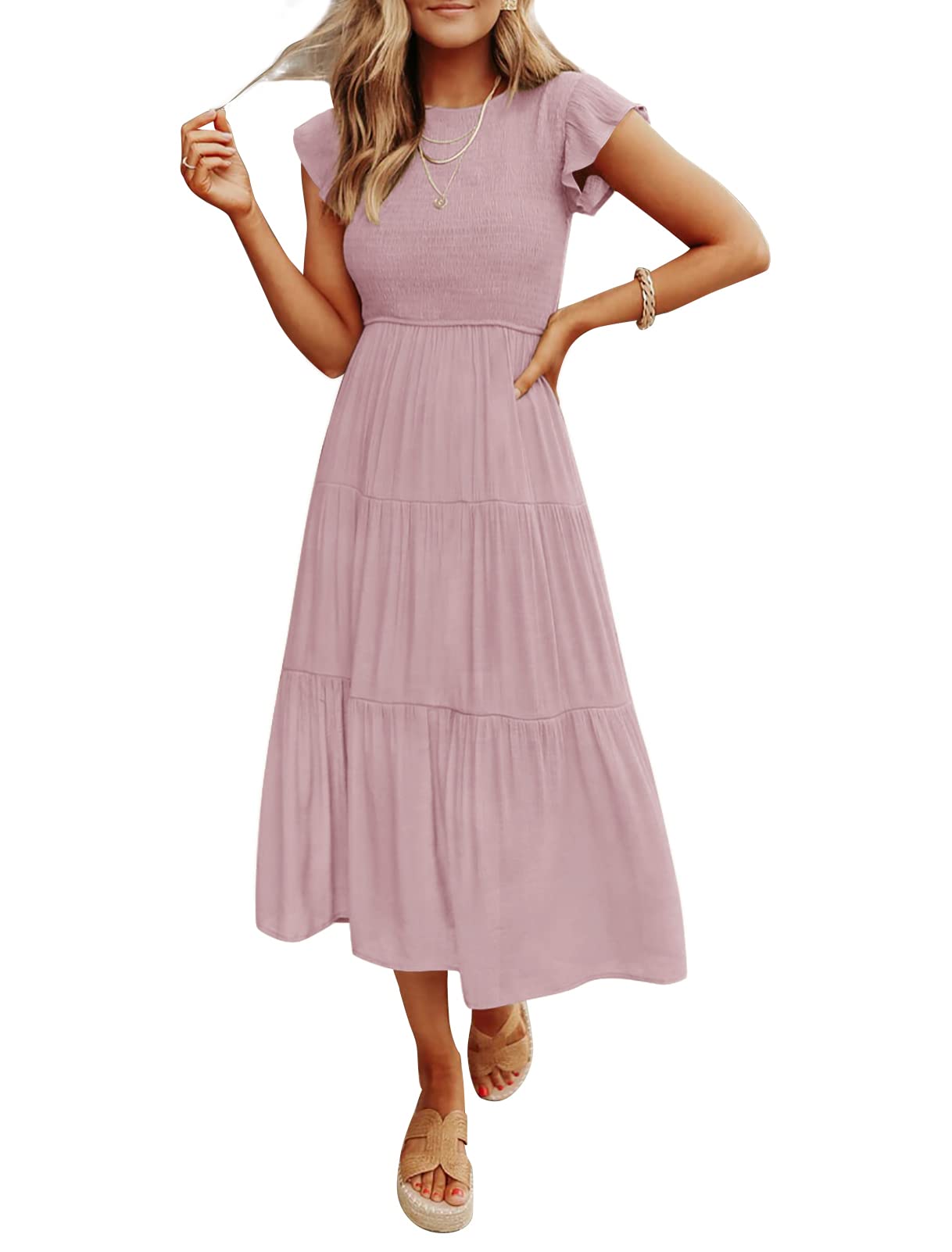 Women's Summer Casual Flutter Short Midi Dress -Pink Laura